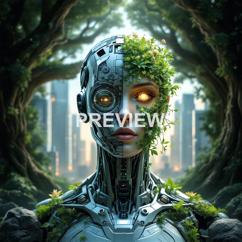 A humanoid robot with a human face and electronic components, half of its head covered with lush green plants and flowers, set against a background of trees and a city skyline.